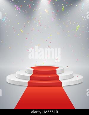 Podium blanc et red road. Le gagnant est en premier lieu. La lumière vive d'un spot. Confettis multicolores battant. Socle de lumière. Événement festif. V Illustration de Vecteur