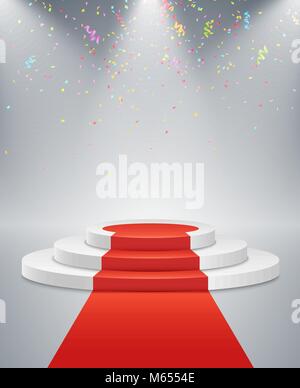 Podium blanc et rouge route sur un fond clair. Le gagnant est en premier lieu. Lumière blanche de projecteurs. Battant de confettis. Socle de lumière. Illustration de Vecteur