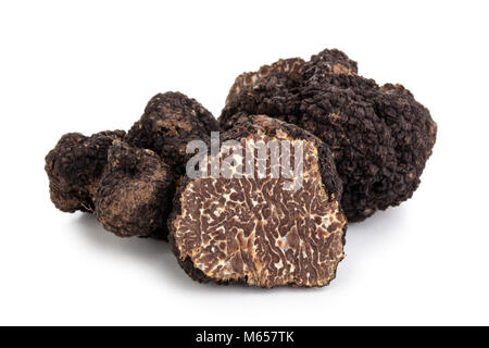 Libre tourné de truffes noires et feuilles de chêne isolé sur fond blanc. Banque D'Images