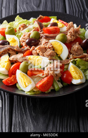 Salade niçoise gastronomique délicieux avec les légumes, les œufs, le thon et les anchois close up sur une plaque verticale sur la table. Banque D'Images