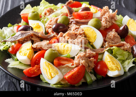 Salade niçoise française avec des légumes frais, oeufs, thon et anchois close up sur une plaque horizontale. Banque D'Images