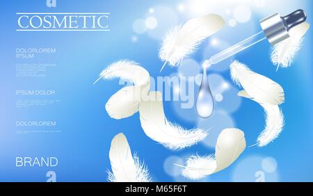 3D réaliste cosmetic ad modèle. Verre transparent bleu clair essence huile sérum vitamine pipette bulle de soin visage doux blanc plumes. Affiche promotionnelle droplet modèle vector illustration Illustration de Vecteur