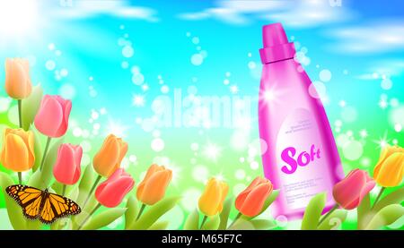 L'assouplissant réaliste du paysage printemps herbe vert clair fond ciel bleu papillon fleur tulipe fleur de cerisier sakura. Du détergent à lessive 3D produit de marque vector illustration Illustration de Vecteur