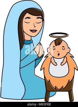 Cute Vierge Marie avec Jésus caractères bébé Illustration de Vecteur