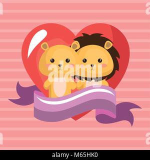 Kawaii cute couple lions carte d'anniversaire Illustration de Vecteur