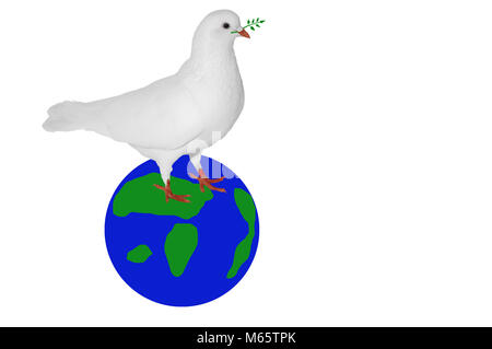 Une colombe blanche avec une brindille dans son bec vert est assise sur un ballon abstrait bleu-vert, semblable à une planète. Symbole de paix, de pureté et de l'écologie. Banque D'Images