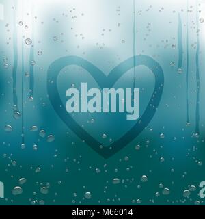 Appelée coeur peint sur la fenêtre des pluies. Les gouttes d'eau couler dans le flou d'arrière-plan bleu foncé. Bulle d'amour romantique toile de gouttelettes. La tristesse de la pluie romantique Illustration de Vecteur