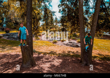 Lits jumeaux de frères de race blanche sur deux troncs d'arbre dans un parc en été et tenter de sauter Banque D'Images