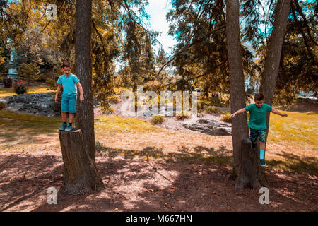 Lits jumeaux de frères de race blanche sur deux troncs d'arbre dans un parc en été et tenter de sauter Banque D'Images