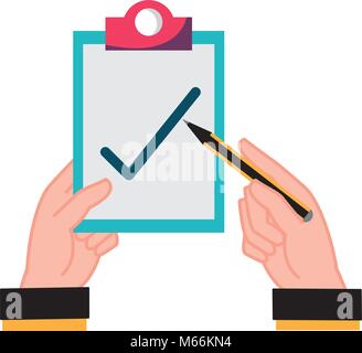Les mains de l'homme avec un stylo et une liste de contrôle document Illustration de Vecteur