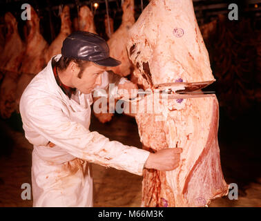 1960 MAN SLICING BOUCHER DE COUPER LA VIANDE DE BOEUF À L'INTÉRIEUR D'UN CASIER - kf6227 HAR001 HARS nostalgie l'agriculture de 20 à 25 ans OBJET UNIQUE DE TRAITEMENT DU BÉTAIL SE TAILLER DE COMPÉTENCES COMPÉTENCES MÉTIER CARRIÈRES 18-19 ans l'emploi de la main-d'impôts CROÎTRE PREMIER EMPLOYÉ créature découpage de précision des mammifères mâles adultes jeunes RÉFRIGÉRÉ BOUCHERIE HOMME ETHNIE CAUCASIENNE CASIER LABORIEUSES PROFESSIONS VIANDES D'EMBALLAGE DE VIANDE PERSONNES ANCIENNE Banque D'Images