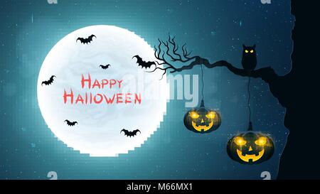 Arrière-plan de l'Halloween. Hibou noir est assis sur un arbre. Les chauves-souris volent dans le contexte de la pleine lune. Citrouilles d'Halloween avec des yeux rougeoyants. Rouge Grunge Illustration de Vecteur