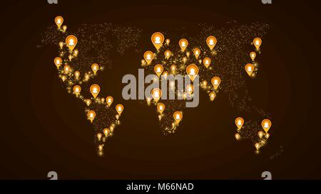 La géolocalisation des utilisateurs sur la carte du monde. La planète Terre. Amérique latine, Asie, Afrique, USA. Marqueurs orange avec des icônes de l'utilisateur. La carte de points. Réseau mondial. La wo Illustration de Vecteur