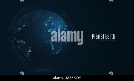 Planète abstraite sur un fond bleu foncé. La terre. Carte du monde. La lumière bleue. Sci-fi et hi-tech. Les grandes villes. La carte de points. La population mondiale. Monde Ne Illustration de Vecteur