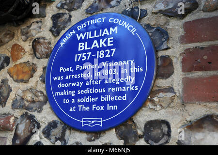 Blue plaque pour William Blake à l'extérieur d'un pub à Felpham, West Sussex, UK. Banque D'Images