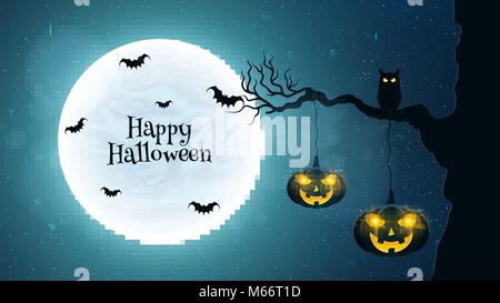 Arrière-plan de l'Halloween. Hibou noir est assis sur un arbre. Les chauves-souris volent dans le contexte de la pleine lune. Citrouilles d'Halloween avec des yeux rougeoyants. Texte noir Illustration de Vecteur
