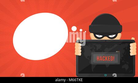 Cartoon hacker est tenant une tablette piraté sur un fond rouge. Fenêtre Système d'alerte rapide et la carte de la terre. Le système est piraté. Vector illustration i Illustration de Vecteur