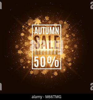Automne fond avec des bannières et du texte. Vente d'automne. Feuilles d'érable d'or. Résumé golden flash lumineux de la lumière. Orange flare bokeh. Arrière-plan, ba Illustration de Vecteur