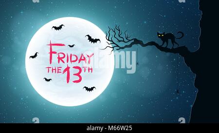 Contexte pour le vendredi 13. Chat marche arrière dans l'arbre. Les chauves-souris volent dans le contexte de la pleine lune. Texte sanglant dans le style grunge. Illus vectoriel Illustration de Vecteur