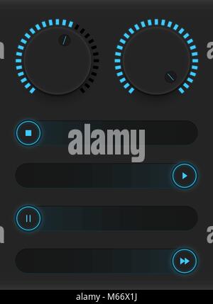 Ensemble de boutons et curseurs d'un bleu éclatant. Style néon. L'interface utilisateur de contrôle. Les commutateurs de caoutchouc et de métal. L'ajout et la diminution les paramètres du son. Ve Illustration de Vecteur