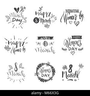 Hand Drawn Happy Women Day Set de badges Rock créatif croquis lettrage sur fond blanc Illustration de Vecteur