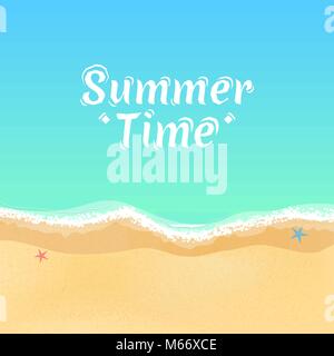 Vue de dessus de la plage de la mer d'une caricature. L'heure d'été, un texte blanc sur l'eau. Étoile de mer sur le sable. La marée de la mer, les vagues de la mer. Vector illustration Illustration de Vecteur