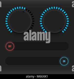 Ensemble de boutons et de curseurs. Néon lumineux de contrôle, l'interface utilisateur. Une saine gestion. Sliders on et off. Vector illustration Illustration de Vecteur