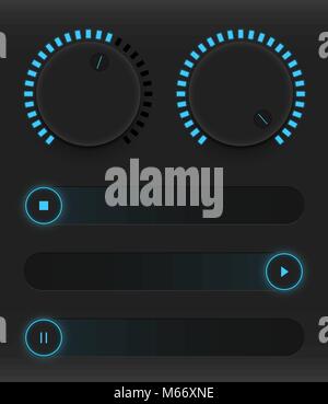 Ensemble de boutons et de curseurs. Néon lumineux de contrôle, l'interface utilisateur. Une saine gestion. Curseurs bleu turn on, off et pause. Vector illustration Illustration de Vecteur