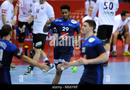 Cracovie, Pologne - le 21 janvier 2016 : Men's EHF Handball européen Russie EURO 2016 Cracovie Tauron Arena France - Bélarus o/p : Benoit Kounkoud Banque D'Images