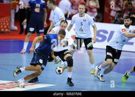 Cracovie, Pologne - le 21 janvier 2016 : Men's EHF Handball européen Russie EURO 2016 Cracovie Tauron Arena France - Bélarus o/p : Daniel Narcisse Banque D'Images