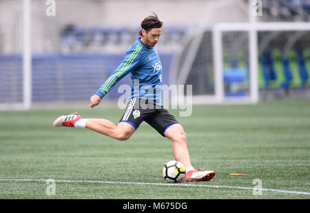 Seattle, Washington, USA. 28 Février, 2018. Soccer MLS 2018 : le milieu de sondeurs GUSTAV SVENSSON (4) Travaux publics au cours de la journée des médias et la pratique des sondeurs à Century link Field à Seattle, WA. Crédit : Jeff Halstead/ZUMA/Alamy Fil Live News Banque D'Images