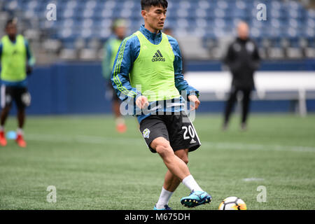 Seattle, Washington, USA. 28 Février, 2018. Soccer MLS 2018 : Le tout nouveau sondeur, KIM KEE-hee (20) Travaux publics au cours de la journée des médias et la pratique des sondeurs à Century link Field à Seattle, WA. Crédit : Jeff Halstead/ZUMA/Alamy Fil Live News Banque D'Images