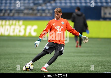 Seattle, Washington, USA. 28 Février, 2018. Soccer MLS 2018 : gardien BRYAN MEREDITH (35) Travaux publics au cours de la journée des médias et la pratique des sondeurs à Century link Field à Seattle, WA. Crédit : Jeff Halstead/ZUMA/Alamy Fil Live News Banque D'Images