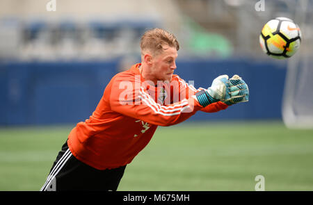 Seattle, Washington, USA. 28 Février, 2018. Soccer MLS 2018 : gardien BRYAN MEREDITH (35) Travaux publics au cours de la journée des médias et la pratique des sondeurs à Century link Field à Seattle, WA. Crédit : Jeff Halstead/ZUMA/Alamy Fil Live News Banque D'Images