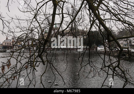 Carshalton, UK. 06Th Mar, 2018. que Storm Emma doit arriver en Angleterre en tout temps, la forme de la bête l'Est a fait des ravages en Angleterre, un gris et blanc très froid jour dans le sud de Londres, Carshalton Park, où l'oiseau ne semblent pas la peine par le gel, ni n'a peu de marcheurs et un père et sa fille qui sledged heureux dans le parc@Paul Quezada-Neiman/Alamy Live News Crédit : Paul/Quezada-Neiman Alamy Live News Banque D'Images