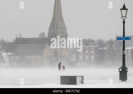 Londres, Royaume-Uni. 1er mars 2018 : les piétons à pied à travers une tempête de neige à Blackheath Common. La "bête de l'Est' et Emma ont apporté un froid extrême et de fortes chutes de neige au Royaume-Uni. Credit : Claire Doherty/Alamy Live News Banque D'Images