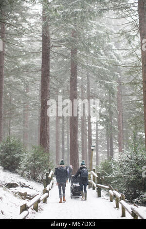 Center Parcs, Longleat Wiltshire. 1er mars 2018. Météo France : les visiteurs à pied à travers la neige à Longleat Center Parcs dans le Wiltshire. Une grande partie de l'Ouest et du sud du Pays de Galles a été durement frappé par la tempête Emma, ce qui porte les blizzards et les fortes chutes de neige. 1 mars 2018 Crédit : Adam Gasson/Alamy Live News Banque D'Images