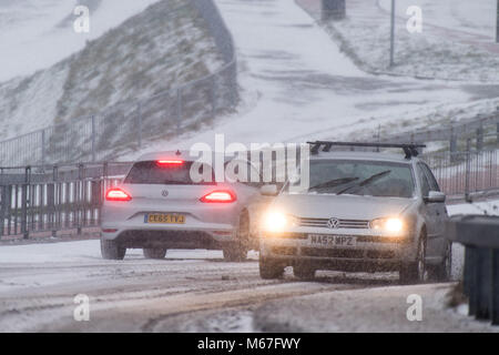 PENARTH, au Pays de Galles. 1er mars 2018. Une soirée tranquille à l'heure de pointe sur les grandes artères de Cardiff. Storm Emma et 'La Bête de l'Est' ont frappé le Royaume-Uni, avec une alerte rouge pour la neige et le vent émis pour les régions entourant Cardiff, Newport, Pays de Galles du Sud, les vallées et le sud-ouest de l'Angleterre. Credit : Polly Thomas/Alamy Live News Banque D'Images