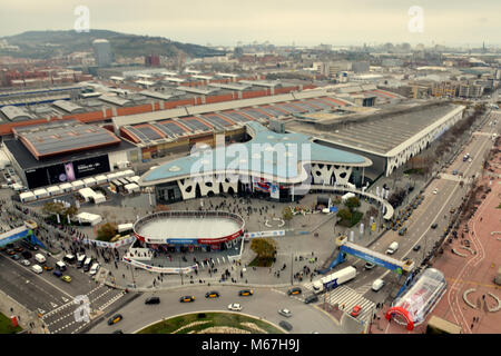 Barcelone, Espagne. 1er mars 2018. Vue aérienne de l'entrée sud de la Mobile World Congress 2018 de Barcelone.Le Mobile World Congress 2018 est organisé à Barcelone du 26 février au 1er mars. Credit : dernier jour du Mobile World Congress de Barcelone 10   .jpg Images/SOPA/ZUMA/Alamy Fil Live News Banque D'Images