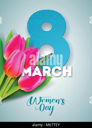 Bonne Journée de la femme Illustration avec Tulip Bouquet et 8 mars typographie lettre sur fond bleu. Vector Flower Design Printemps Gabarit pour carte de Vœux.