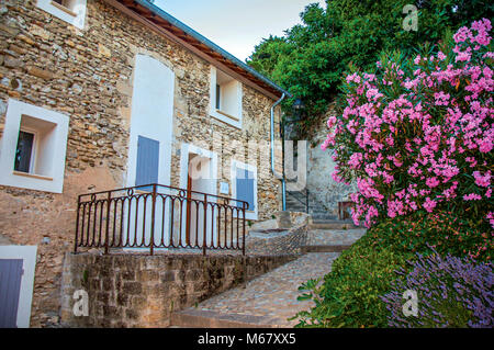 Voir de maison en pierre, escalier et des fleurs dans le quartier historique de Châteauneuf-de-Gadagne. Situé dans la région de la Provence, dans le sud-est de la France. Banque D'Images