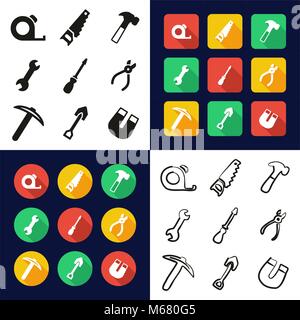 Tous les outils dans l'une des icônes noir & blanc Couleur Plate Set Freehand Illustration de Vecteur