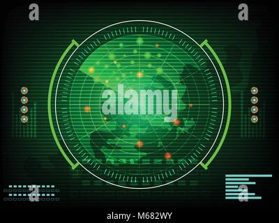 Écran radar digital interface avec carte du monde futur concept dans la technologie de réseau informatique de communication de données en temps réel sur fond foncé vert.. vector Illustration de Vecteur