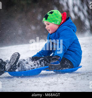 Un petit garçon de la luge dans la neige au cours de la bête de l'est Storm Banque D'Images