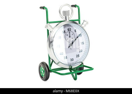 Livraison rapide concept. Camion de main avec chronomètre, rendu 3D isolé sur fond blanc Banque D'Images