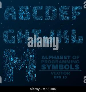Les symboles de l'alphabet par le code du programme. La programmation dans le design. Les lettres sont lumineux bleu. A, B, C, D. Vector illustration Illustration de Vecteur