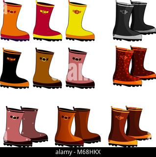 Des bottes en caoutchouc de différentes couleurs avec une boucle sur un fond blanc Illustration de Vecteur