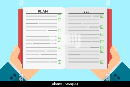 L'homme d'affaires est titulaire d'un journal dans les mains. Plan d'affaires. Traits positifs vert. Tâches dans l'écriture. Vector illustration dans un style. Sras Illustration de Vecteur