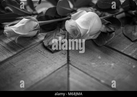 Des roses blanches sur la surface du bois Grange altérés avec modèle de conception angulaire Banque D'Images