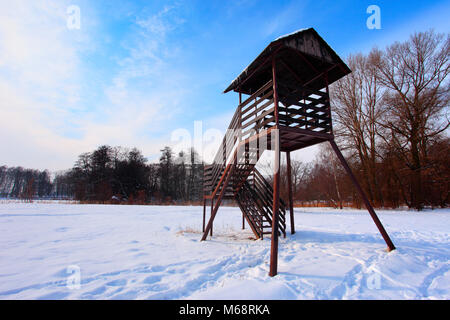 Paysage d'hiver avec surface de lac gelé et woods à Raszyn des étangs situés près de Varsovie en Pologne - plate-forme de l'observatoire Banque D'Images